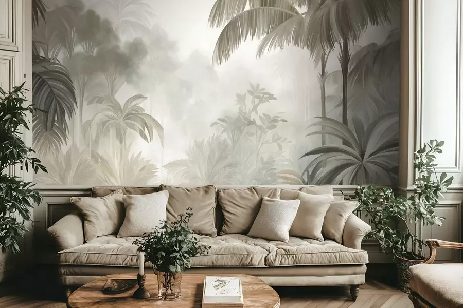 murais de parede Paisagem de selva com textura, com palmeiras e vegetação exuberante, num estilo suave e pictórico w10016