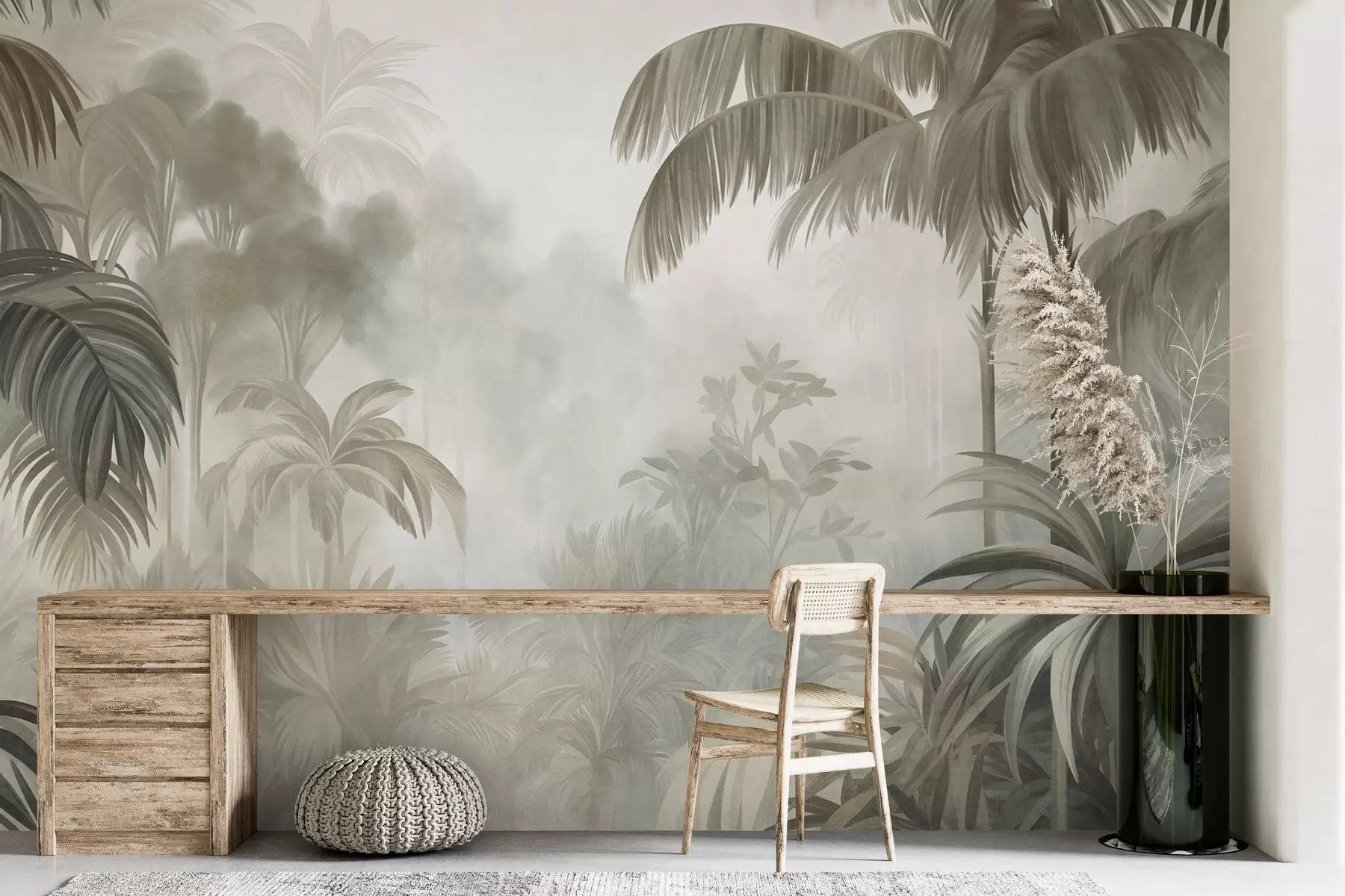 murais de parede Paisagem de selva com textura, com palmeiras e vegetação exuberante, num estilo suave e pictórico w10016