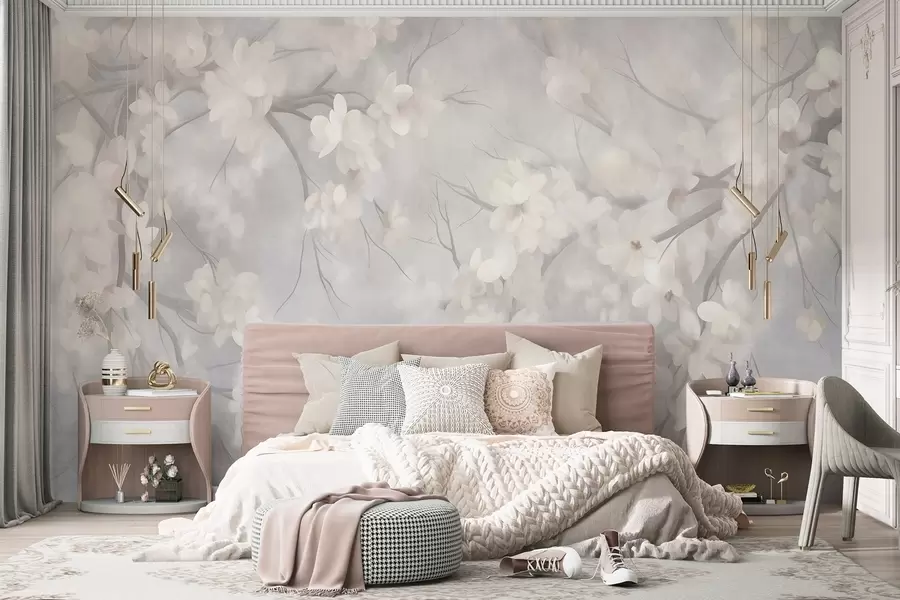 murais de parede Flores de cerejeira brancas em ramos finos, desfocadas, fundo cinzento claro, ilustração com textura w10012