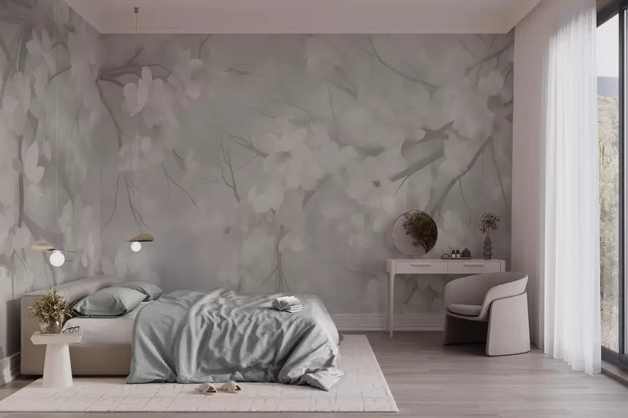 murais de parede Flores de cerejeira brancas em ramos finos, desfocadas, fundo cinzento claro, ilustração com textura w10012