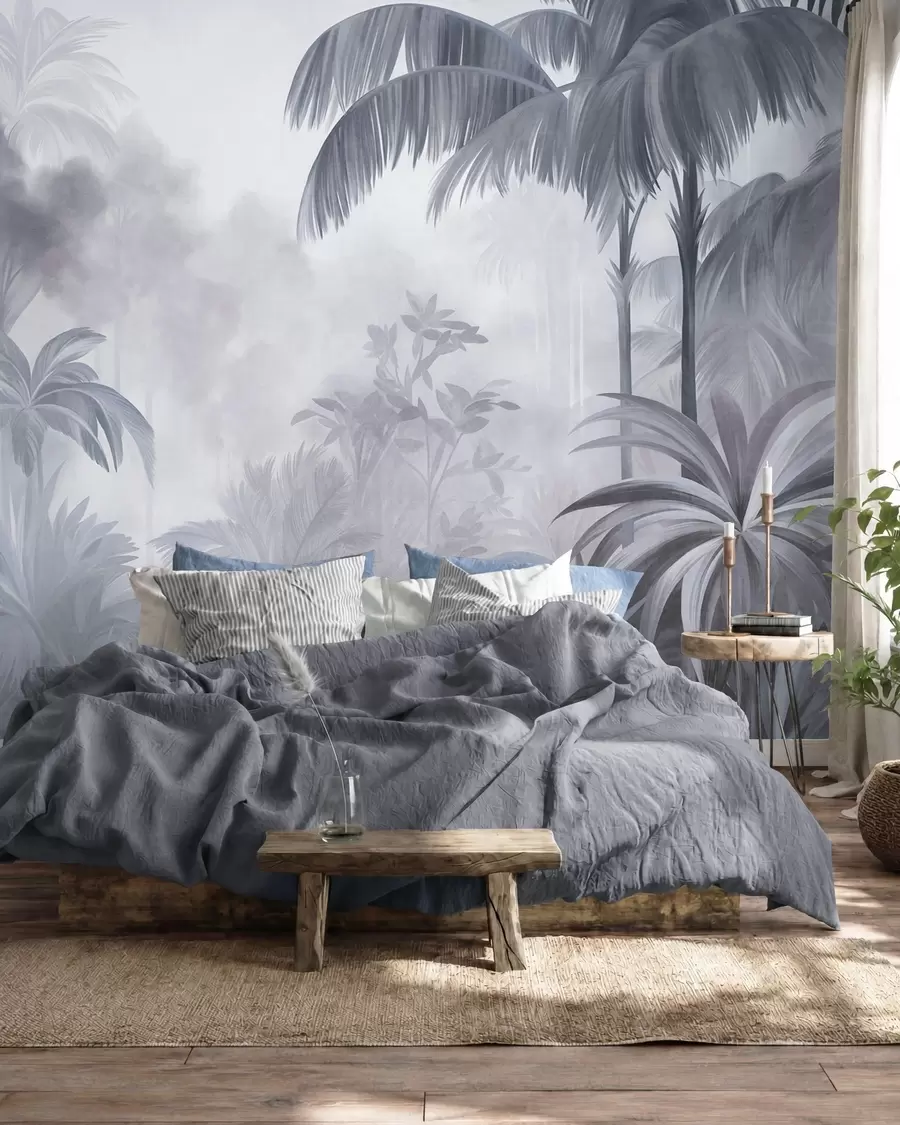 murais de parede Paisagem de selva com textura, com palmeiras e vegetação exuberante, num estilo suave e pictórico w10016v1