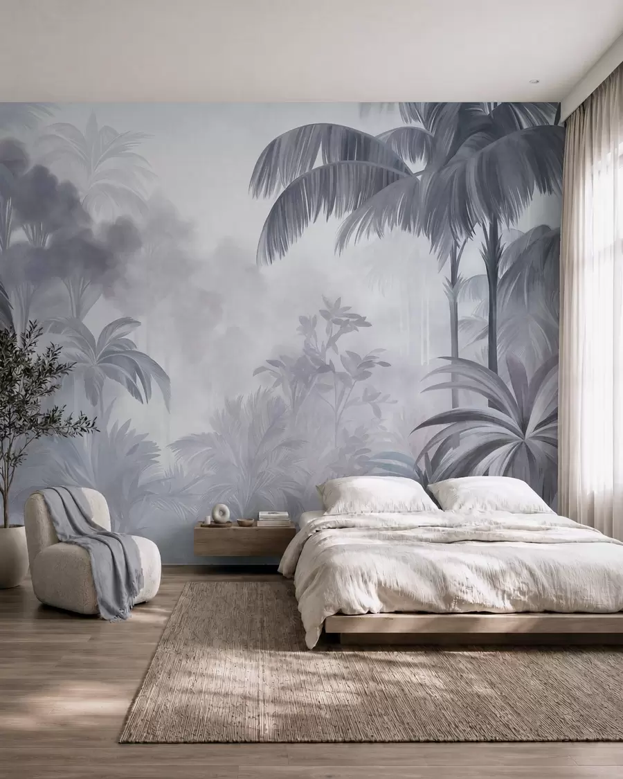 murais de parede Paisagem de selva com textura, com palmeiras e vegetação exuberante, num estilo suave e pictórico w10016v1