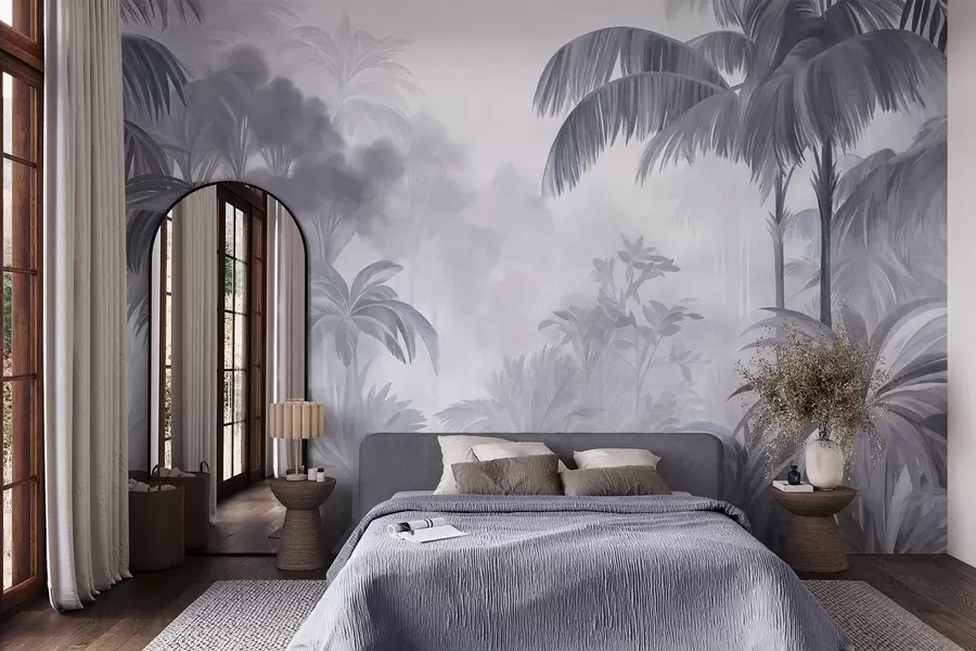 murais de parede Paisagem de selva com textura, com palmeiras e vegetação exuberante, num estilo suave e pictórico w10016v1