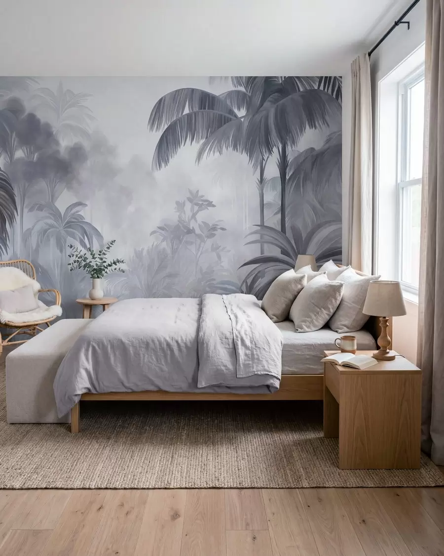 murais de parede Paisagem de selva com textura, com palmeiras e vegetação exuberante, num estilo suave e pictórico w10016v1