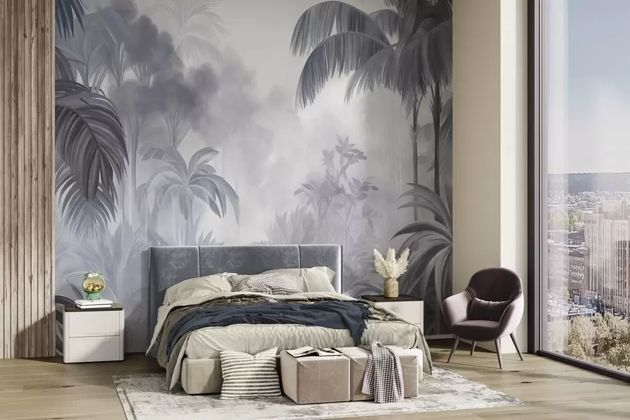 murais de parede Paisagem de selva com textura, com palmeiras e vegetação exuberante, num estilo suave e pictórico w10016v1