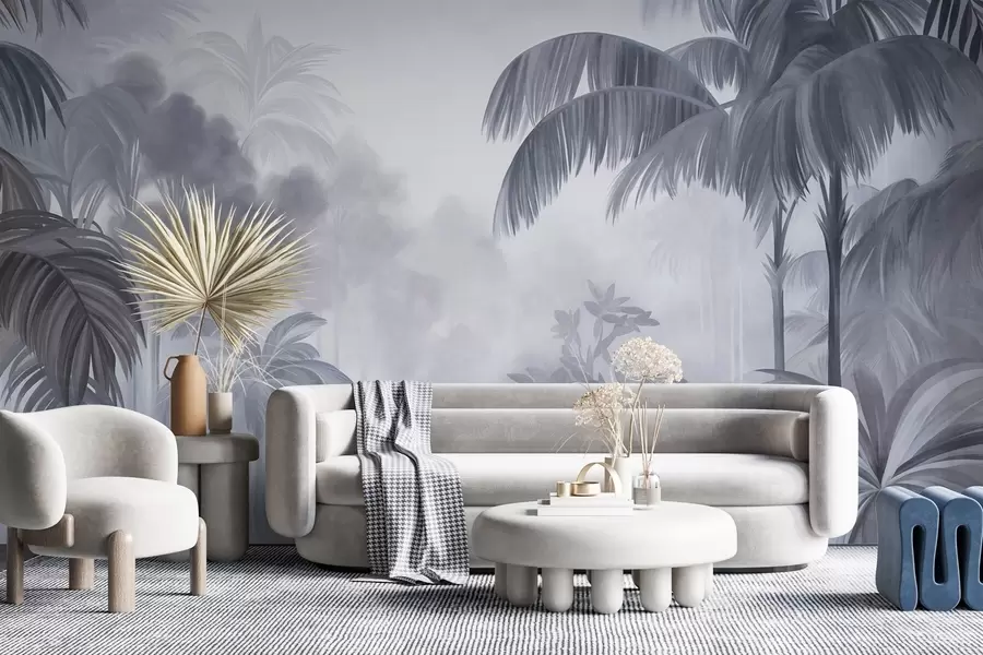 murais de parede Paisagem de selva com textura, com palmeiras e vegetação exuberante, num estilo suave e pictórico w10016v1