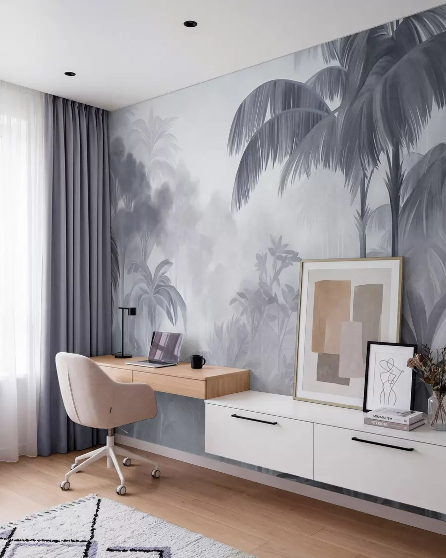 murais de parede Paisagem de selva com textura, com palmeiras e vegetação exuberante, num estilo suave e pictórico w10016v1