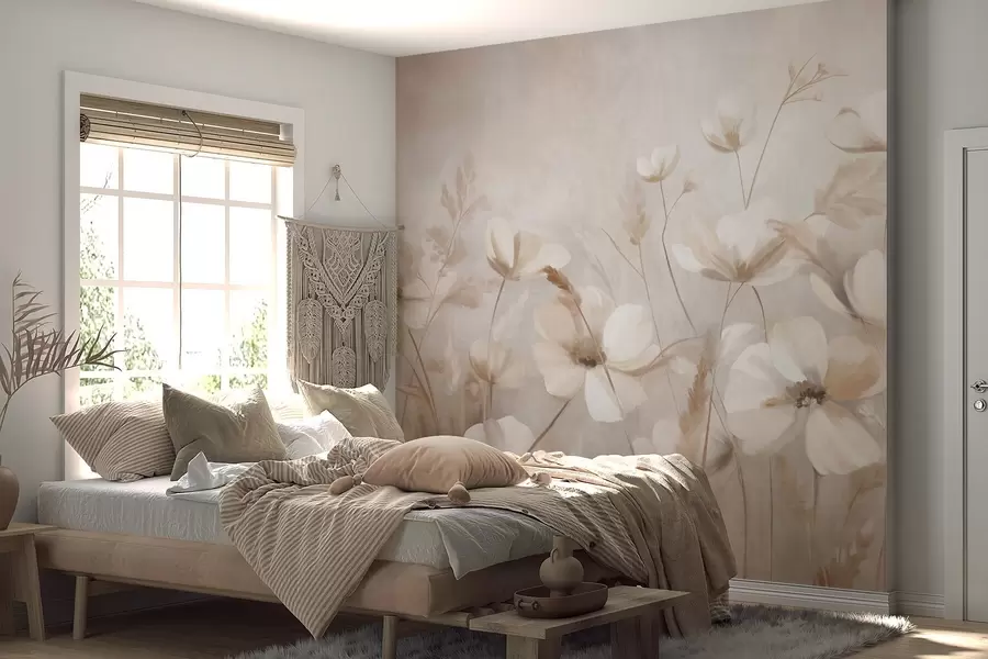 murais de parede Um campo de flores de cores claras e ervas altas em tons suaves, obra de arte com textura w10019