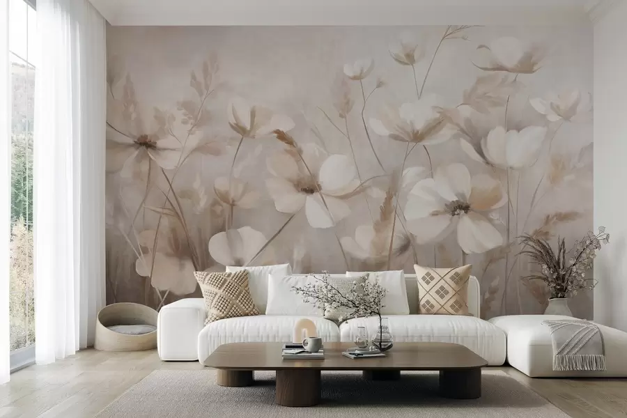 murais de parede Um campo de flores de cores claras e ervas altas em tons suaves, obra de arte com textura w10019