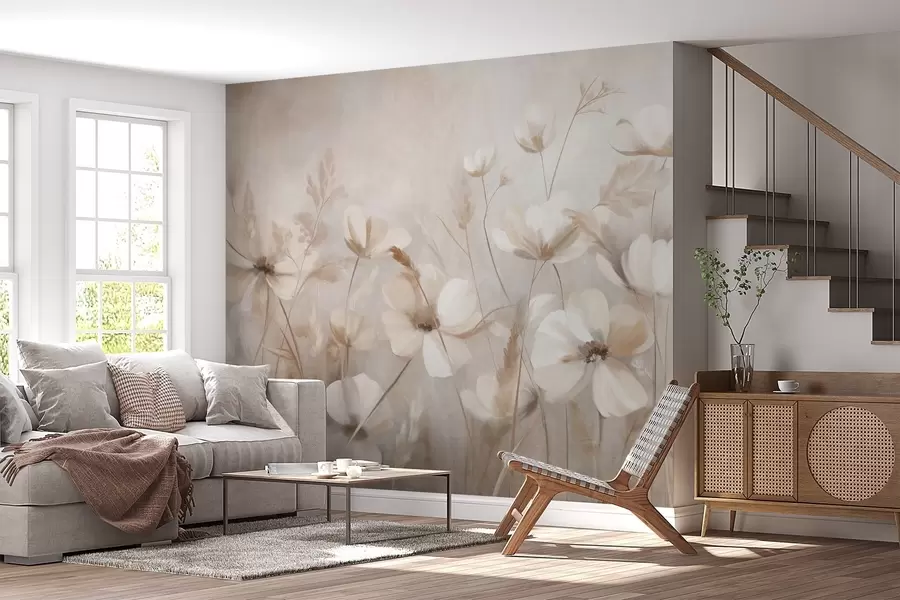murais de parede Um campo de flores de cores claras e ervas altas em tons suaves, obra de arte com textura w10019