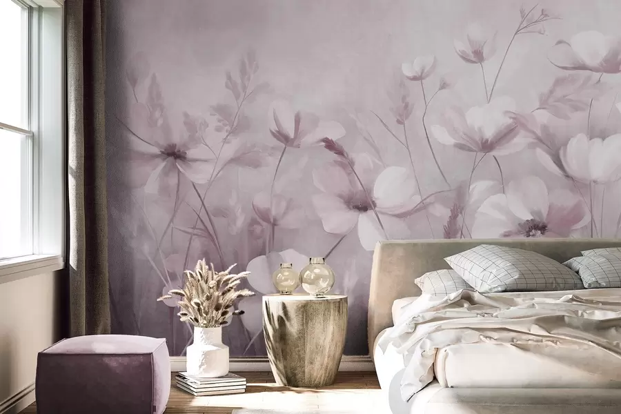 murais de parede Um campo de flores de cores claras e ervas altas em tons suaves, obra de arte com textura w10019v1