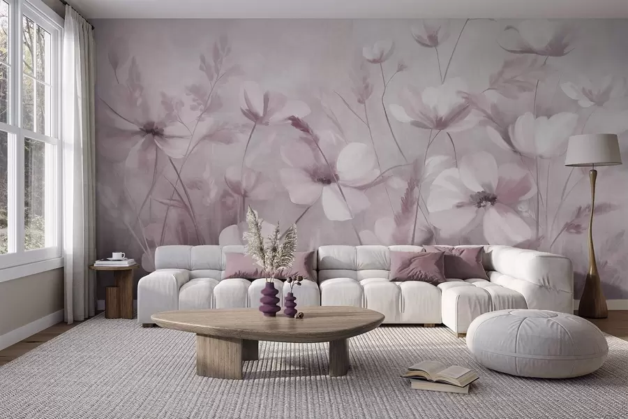 murais de parede Um campo de flores de cores claras e ervas altas em tons suaves, obra de arte com textura w10019v1
