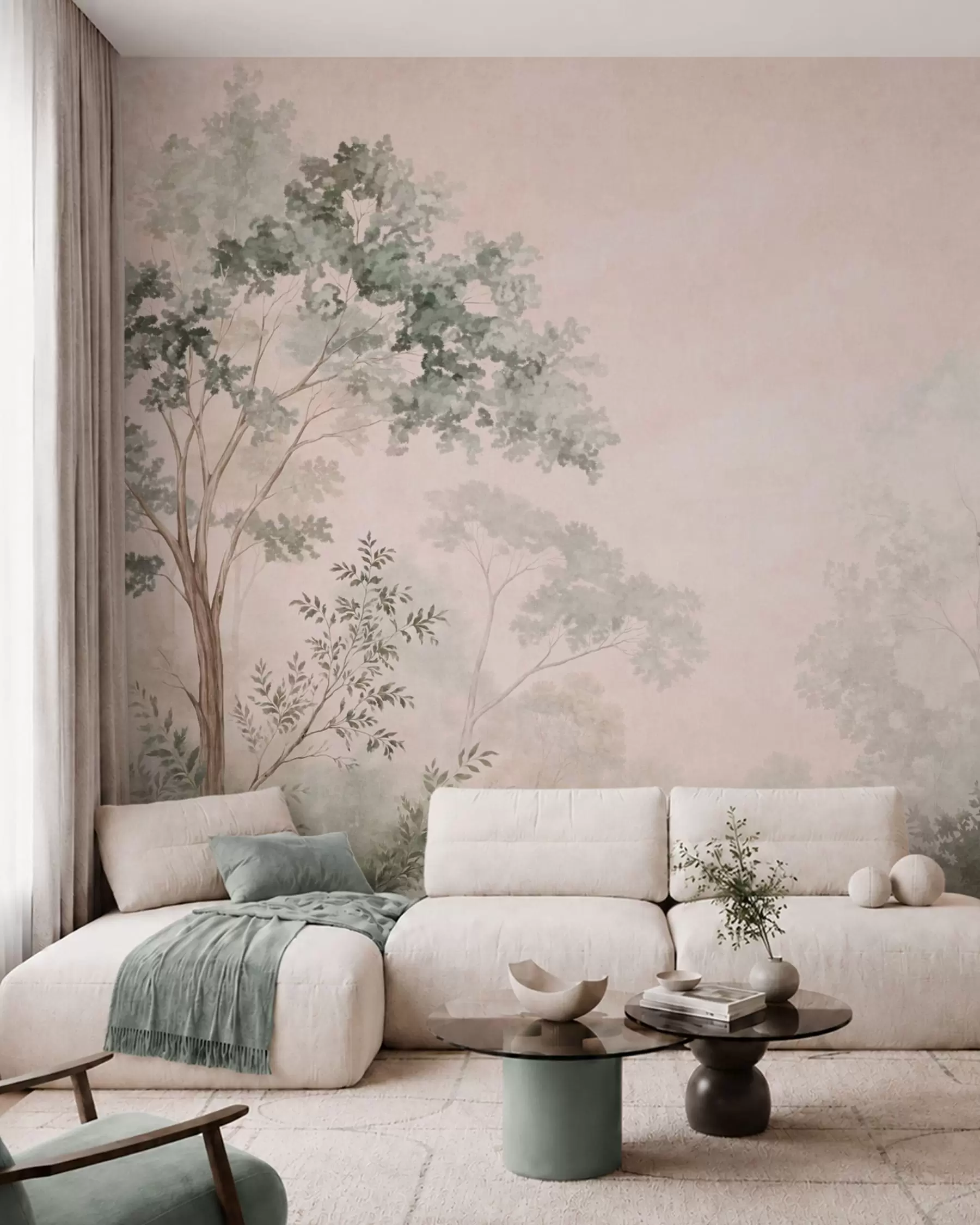 murais de parede Árvores e arbustos da floresta em tons pastel enevoados w05856