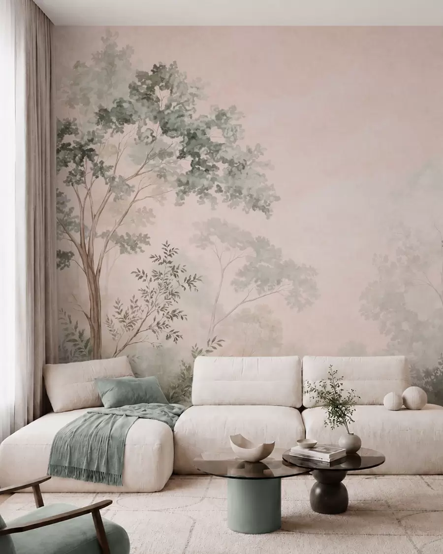 murais de parede Árvores e arbustos da floresta em tons pastel enevoados w05856