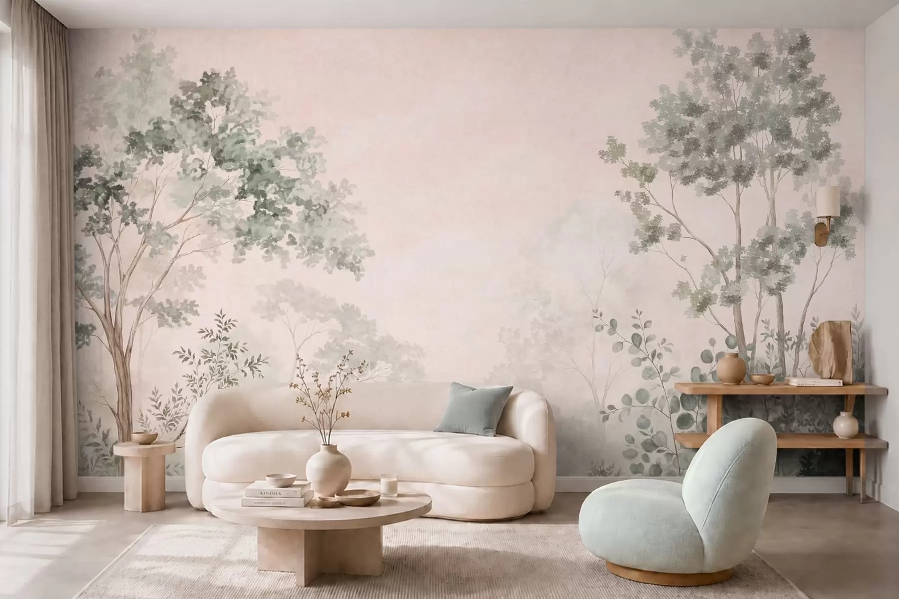 murais de parede Árvores e arbustos da floresta em tons pastel enevoados w05856