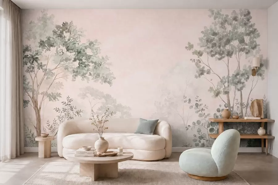 murais de parede Árvores e arbustos da floresta em tons pastel enevoados w05856