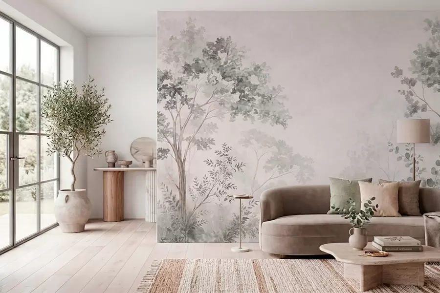 murais de parede Árvores da floresta e vegetação num fundo com uma leve névoa w05856v1