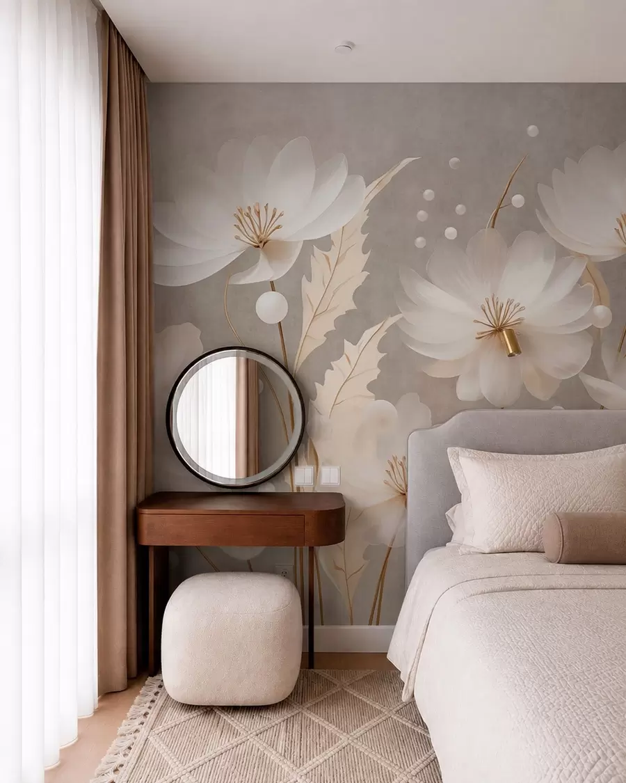 murais de parede Grandes flores brancas com folhas decorativas sobre um fundo cinzento w05857