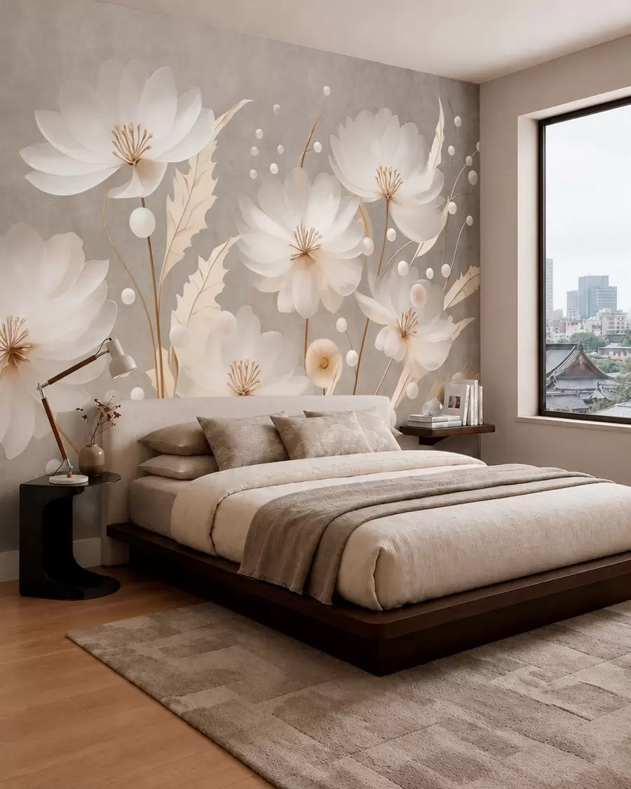 murais de parede Grandes flores brancas com folhas decorativas sobre um fundo cinzento w05857