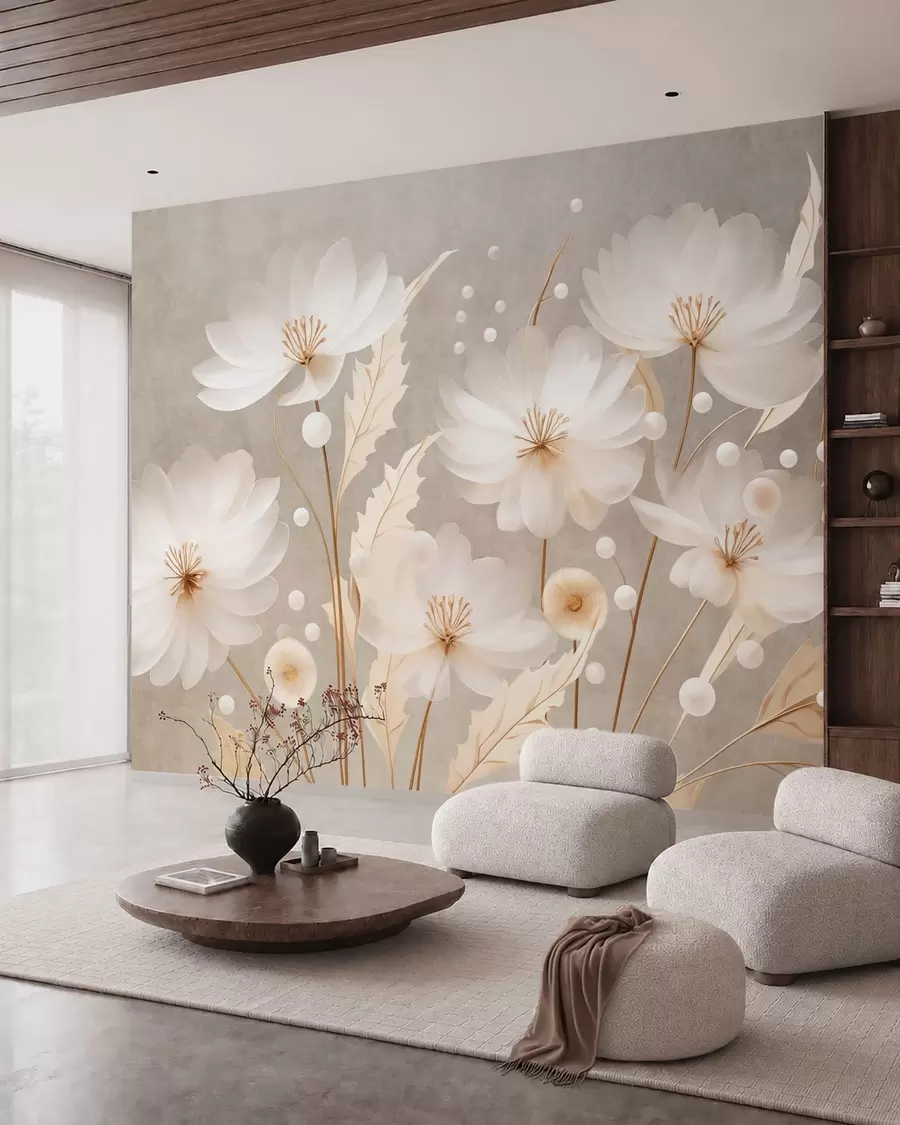 murais de parede Grandes flores brancas com folhas decorativas sobre um fundo cinzento w05857
