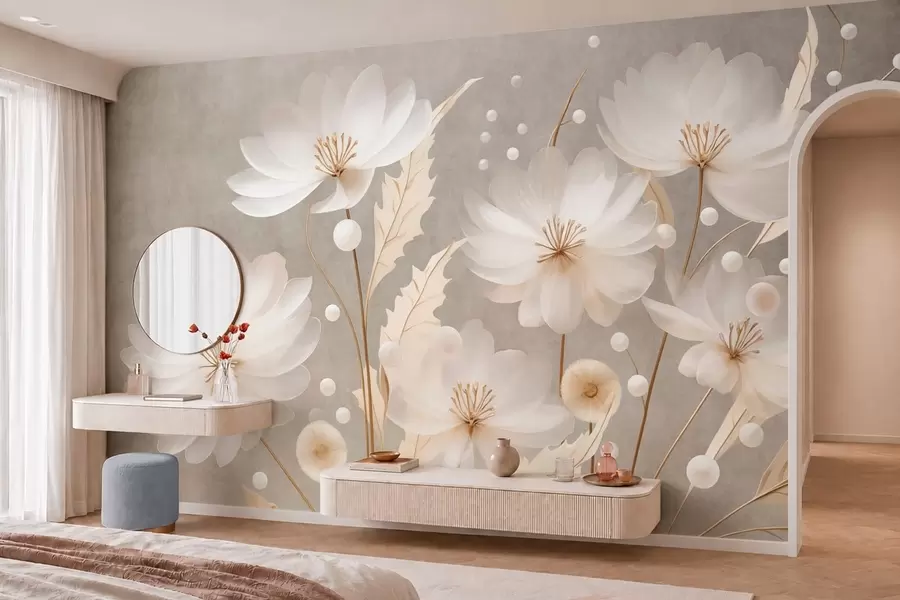 murais de parede Grandes flores brancas com folhas decorativas sobre um fundo cinzento w05857