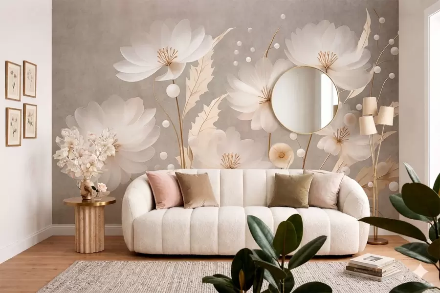 murais de parede Grandes flores brancas com folhas decorativas sobre um fundo cinzento w05857