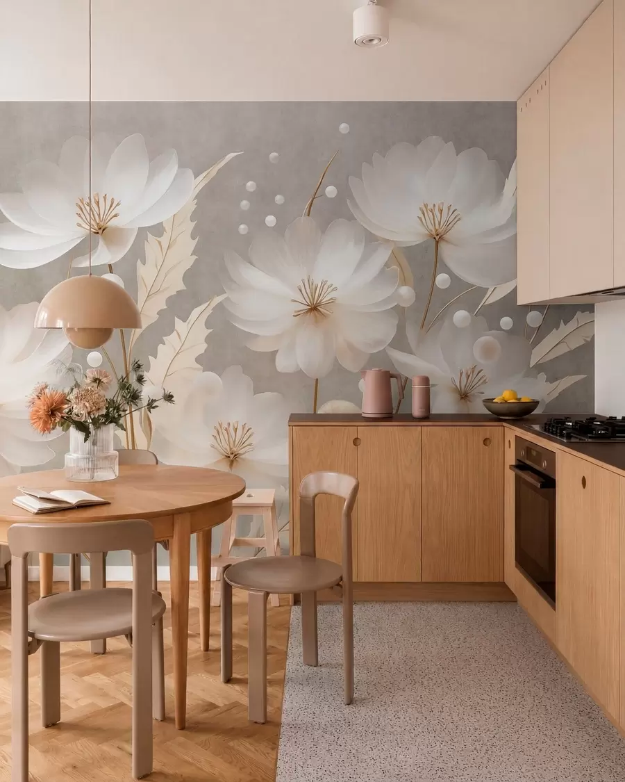 murais de parede Grandes flores brancas com folhas decorativas sobre um fundo cinzento w05857