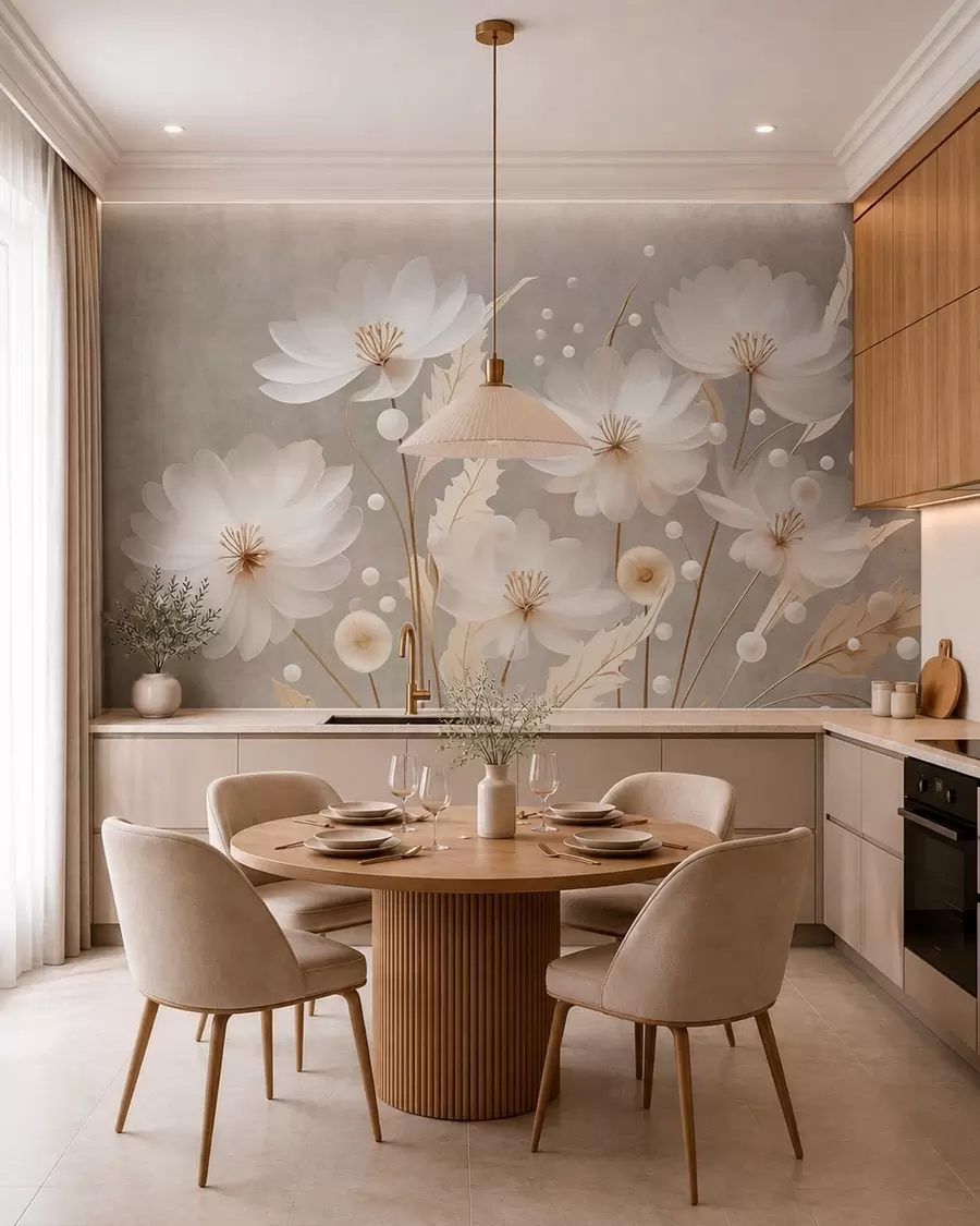 murais de parede Grandes flores brancas com folhas decorativas sobre um fundo cinzento w05857