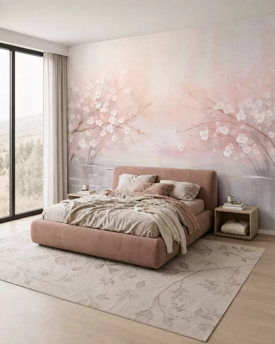 murais de parede Ramos floridos sobre águas calmas, em tons suaves de rosa w05858