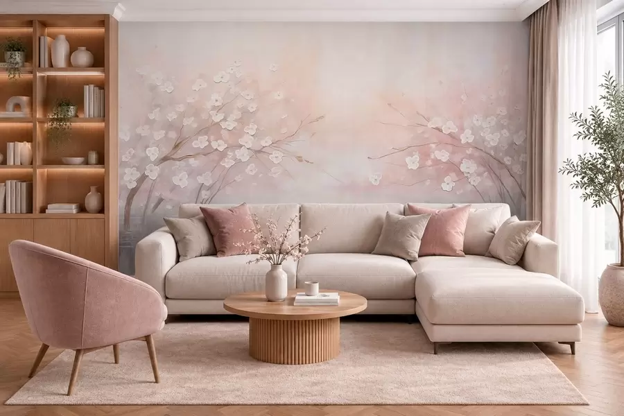 murais de parede Ramos floridos sobre águas calmas, em tons suaves de rosa w05858