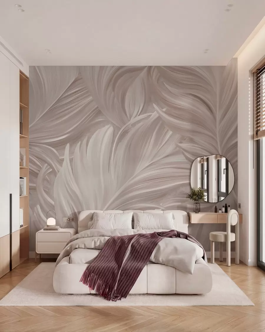 murais de parede Uma pena grande, pintada e curvada, em tons de rosa pérola w05757v1