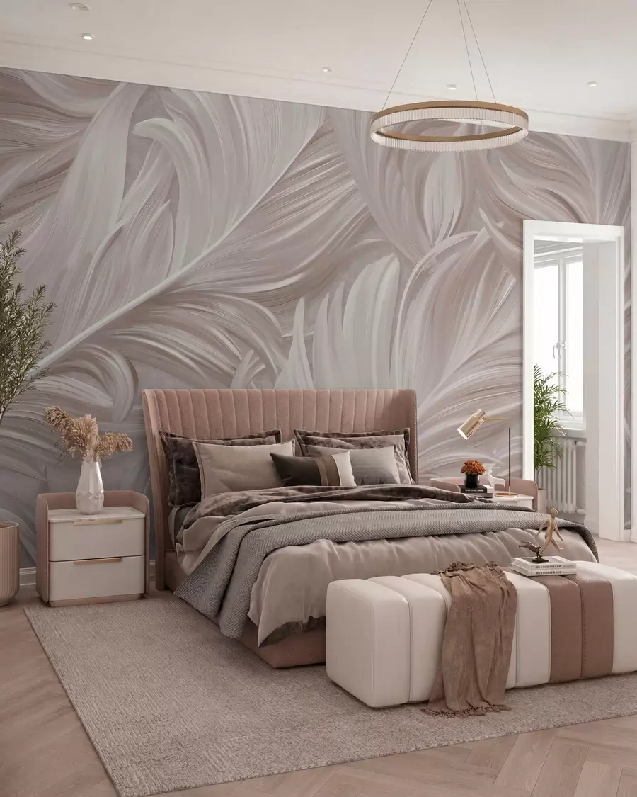 murais de parede Uma pena grande, pintada e curvada, em tons de rosa pérola w05757v1