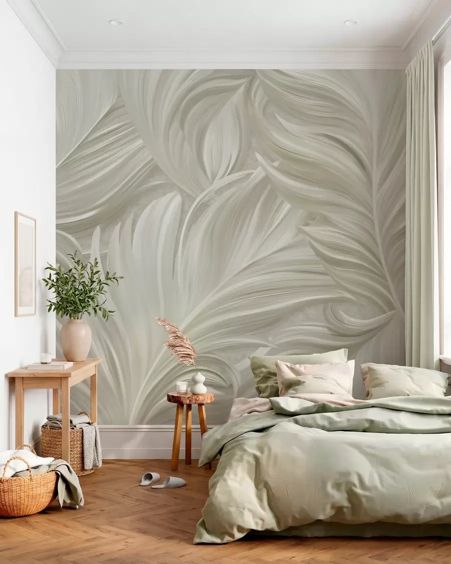 murais de parede Uma pena grande, pintada e curvada, em tons de bege frio w05757v2
