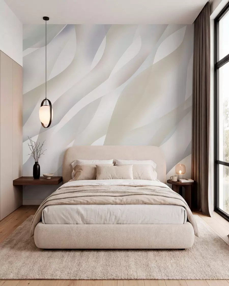 murais de parede Ondas abstratas em tons de cinzento e bege sobre um fundo branco w05758