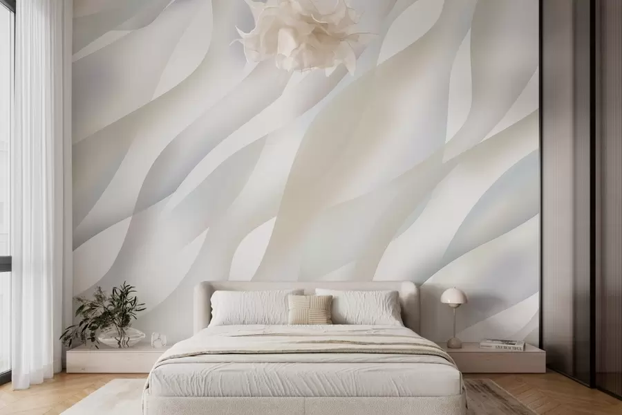 murais de parede Ondas abstratas em tons de cinzento e bege sobre um fundo branco w05758