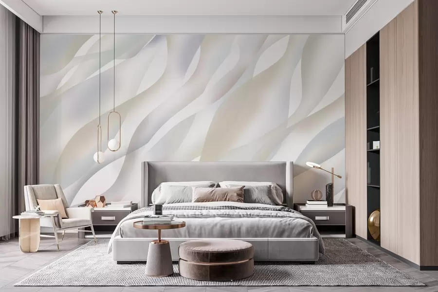 murais de parede Ondas abstratas em tons de cinzento e bege sobre um fundo branco w05758