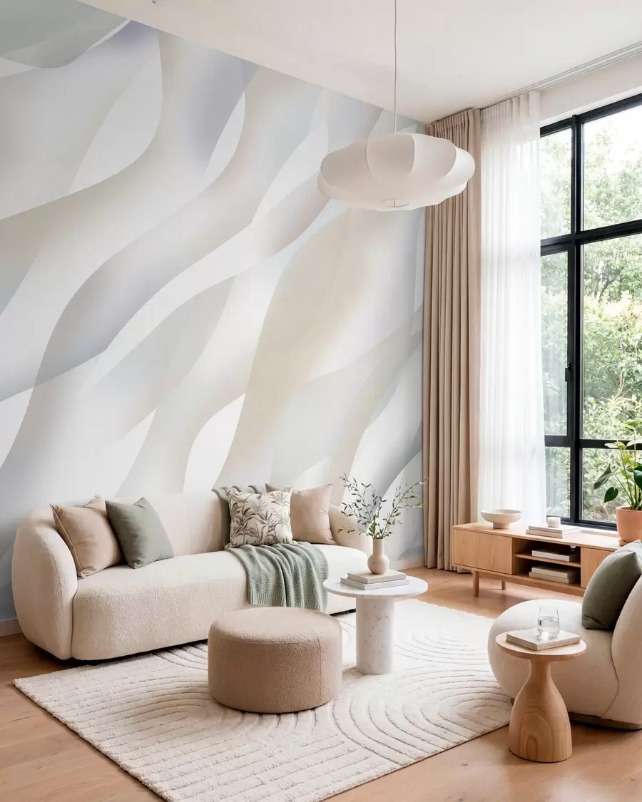 murais de parede Ondas abstratas em tons de cinzento e bege sobre um fundo branco w05758