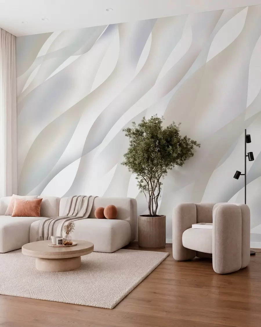 murais de parede Ondas abstratas em tons de cinzento e bege sobre um fundo branco w05758