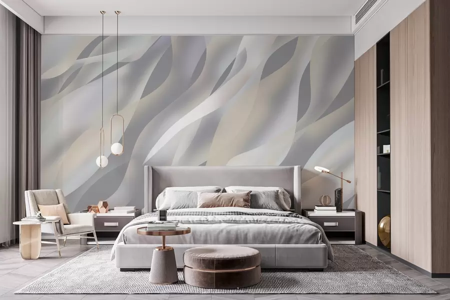 murais de parede Ondas abstratas em tons de cinzento e bege sobre um fundo cinzento escuro w05758v2