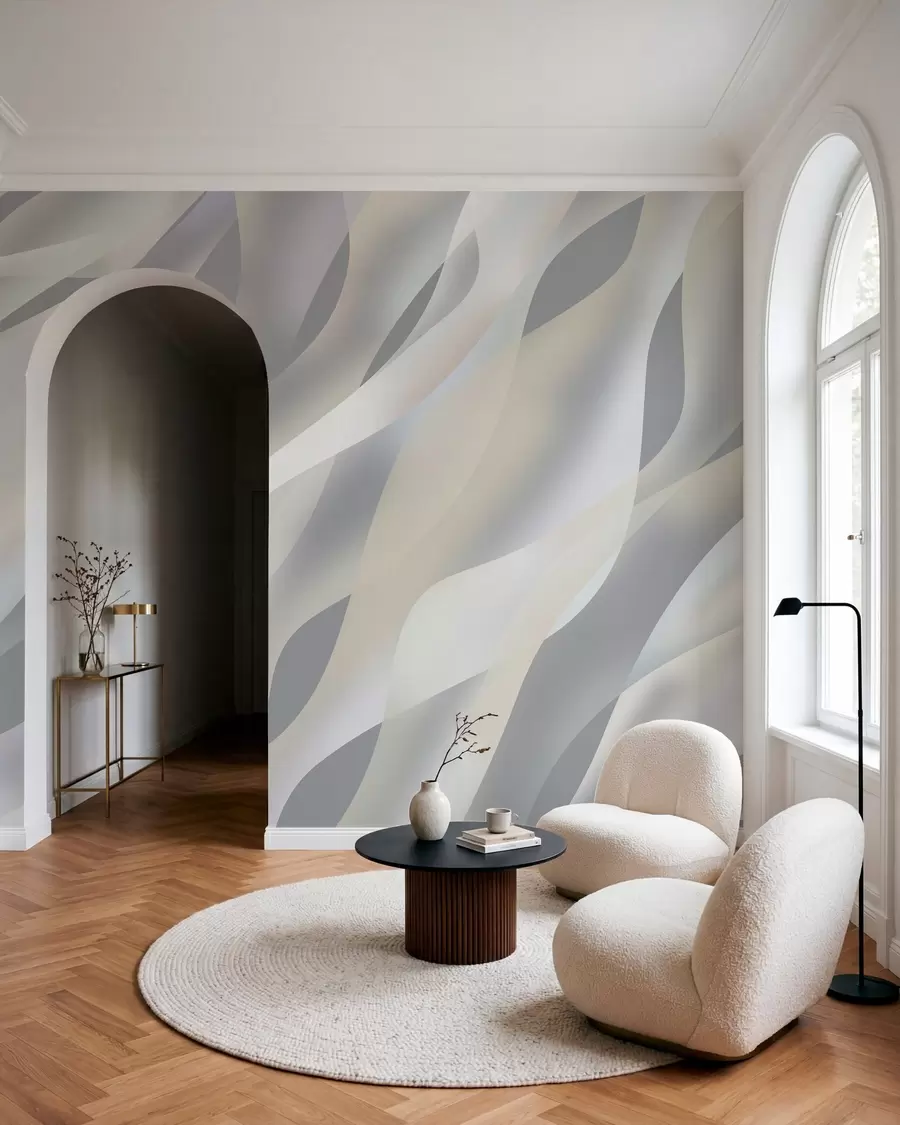 murais de parede Ondas abstratas em tons de cinzento e bege sobre um fundo cinzento escuro w05758v2