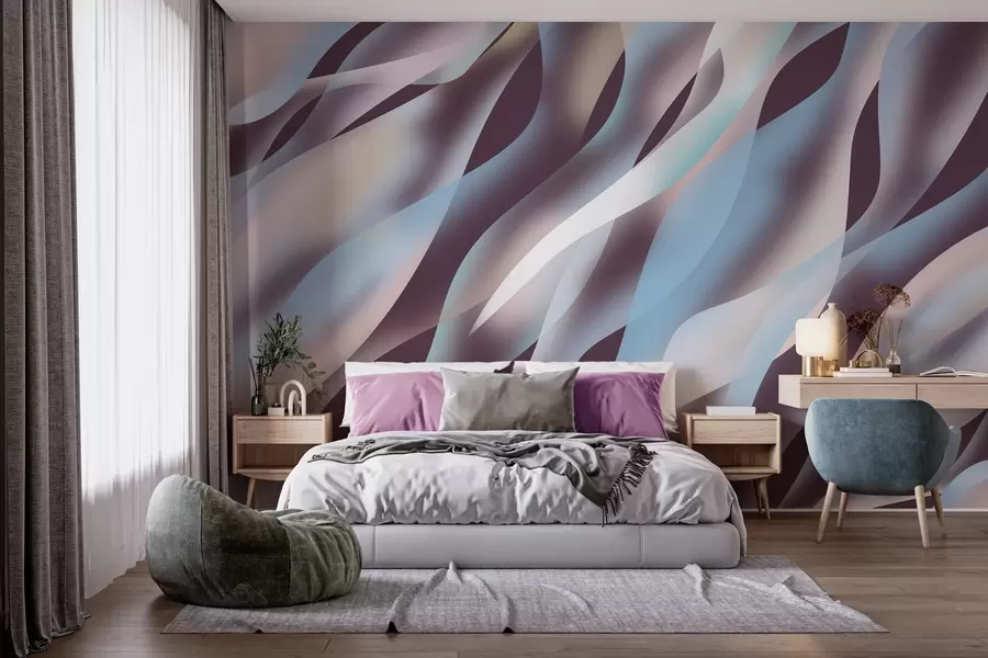murais de parede Ondas abstratas em tons de azul, rosa e bege sobre um fundo beringela escuro w05758v3