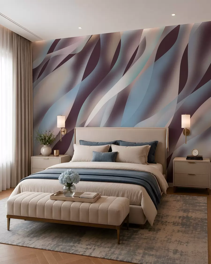 murais de parede Ondas abstratas em tons de azul, rosa e bege sobre um fundo beringela escuro w05758v3