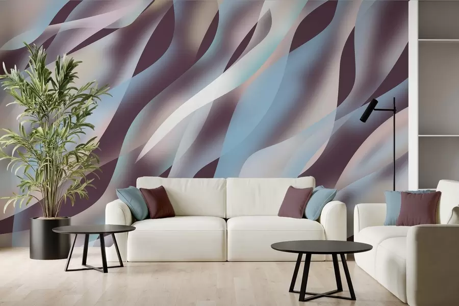 murais de parede Ondas abstratas em tons de azul, rosa e bege sobre um fundo beringela escuro w05758v3