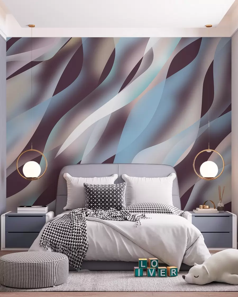 murais de parede Ondas abstratas em tons de azul, rosa e bege sobre um fundo beringela escuro w05758v3