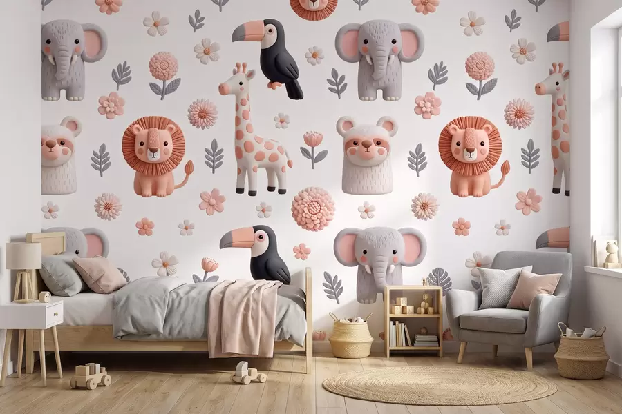 murais de parede Safari em tons suaves: girafas, leões, elefantes e tucanos w09994