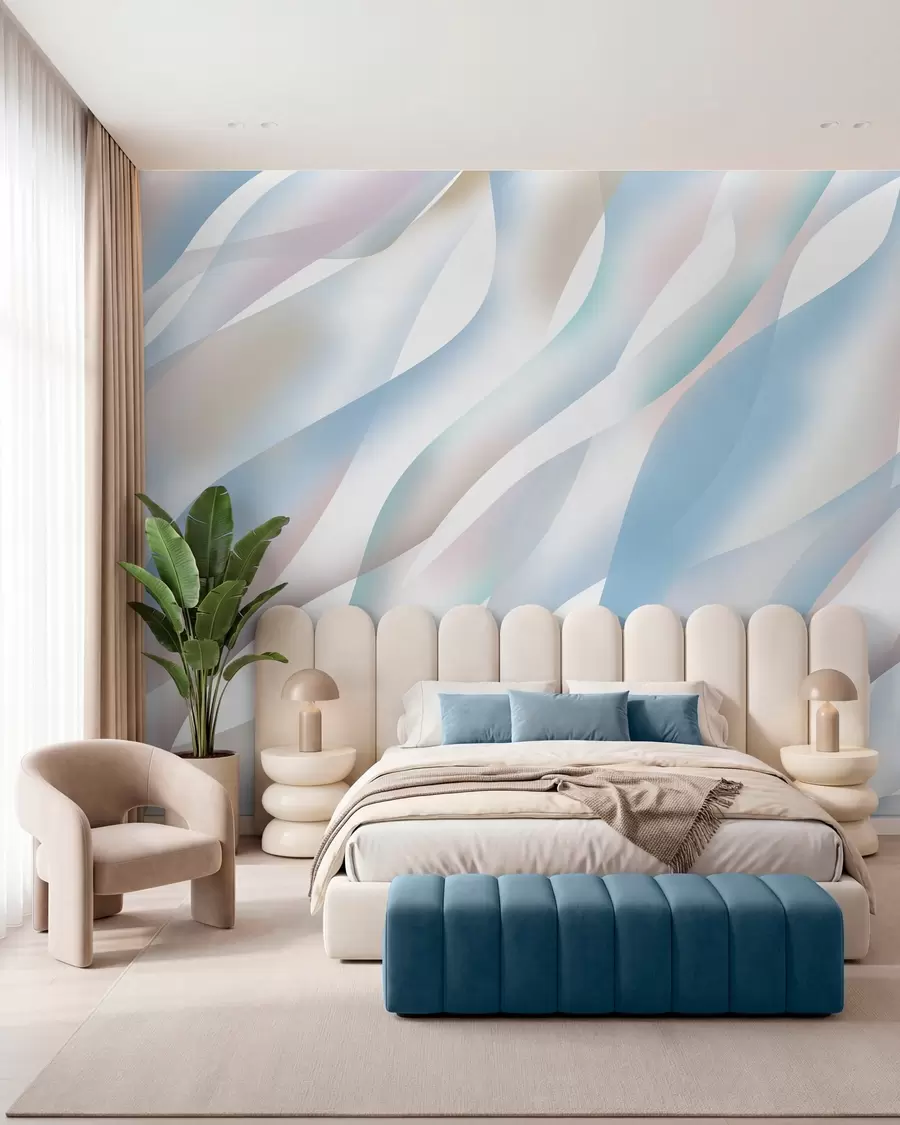 murais de parede Ondas abstratas em tons de azul, rosa e bege sobre um fundo branco w05758v1