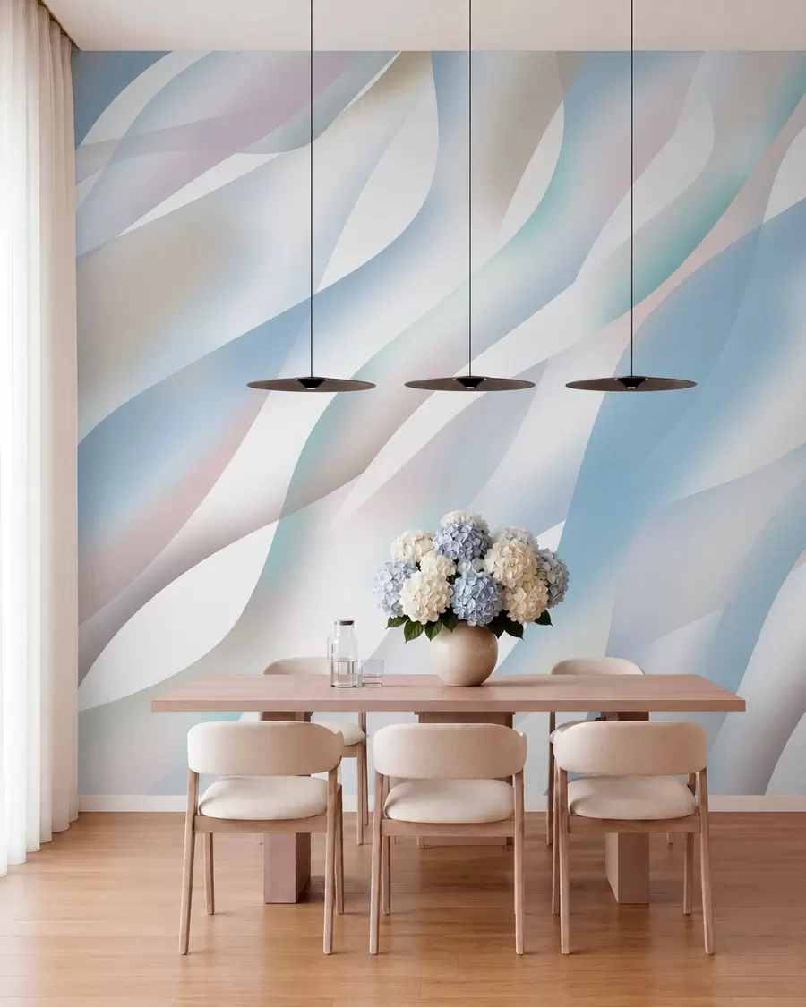 murais de parede Ondas abstratas em tons de azul, rosa e bege sobre um fundo branco w05758v1