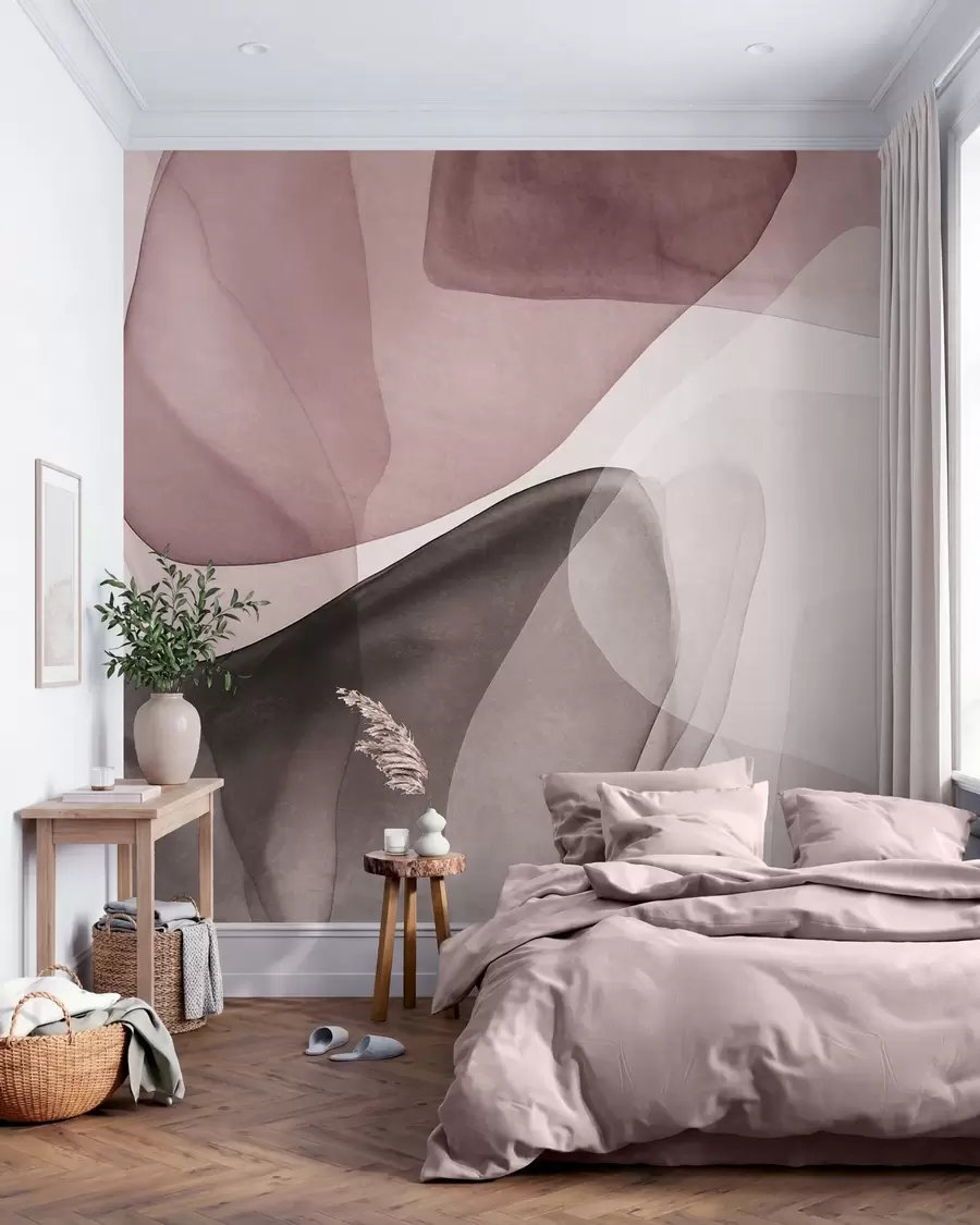 murais de parede Formas abstratas em tons de rosa e castanho-escuro, com efeito de camadas texturadas e translúcidas w10022v1