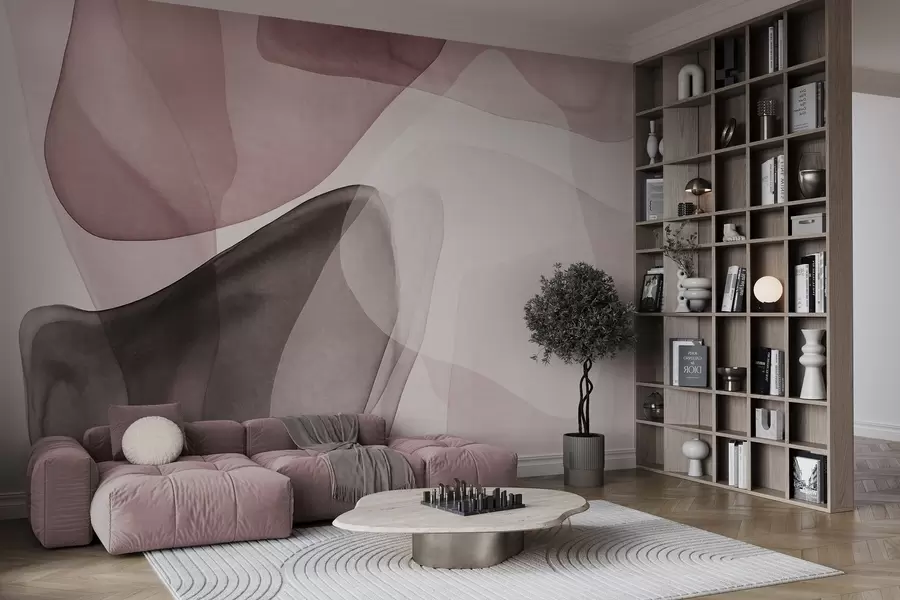 murais de parede Formas abstratas em tons de rosa e castanho-escuro, com efeito de camadas texturadas e translúcidas w10022v1