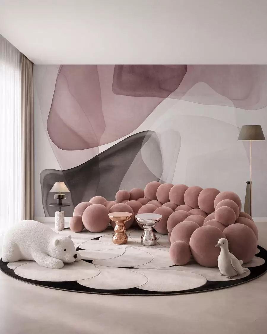 murais de parede Formas abstratas em tons de rosa e castanho-escuro, com efeito de camadas texturadas e translúcidas w10022v1